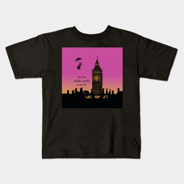 Mary Poppins There's The Whole World at your Feet Pink Sunset Silhouette Linocut Kids T-Shirt by Maddybennettart